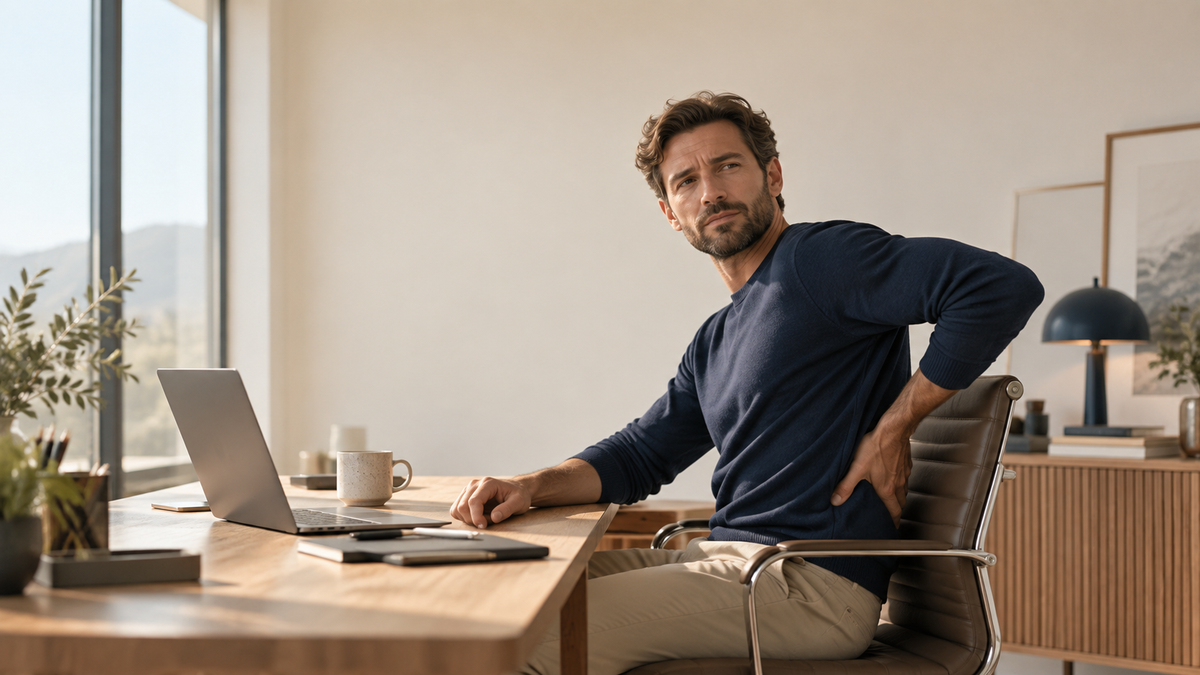 Personne au bureau ressentant une gêne dans le bas du dos