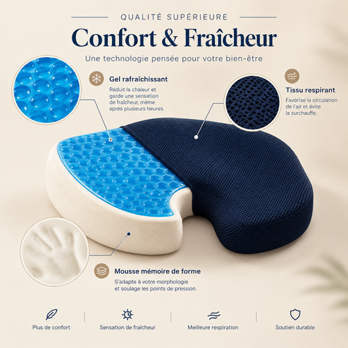 Coussin ergonomique Assiego GelCore™ — vue héro (gel et mousse séparés)